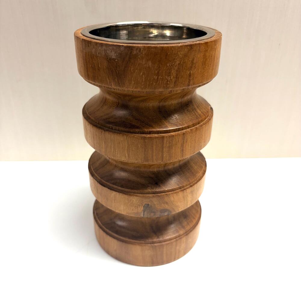 Vintage Lathe Turned Wood Pillar Candle Holder Ringed Metal Insert